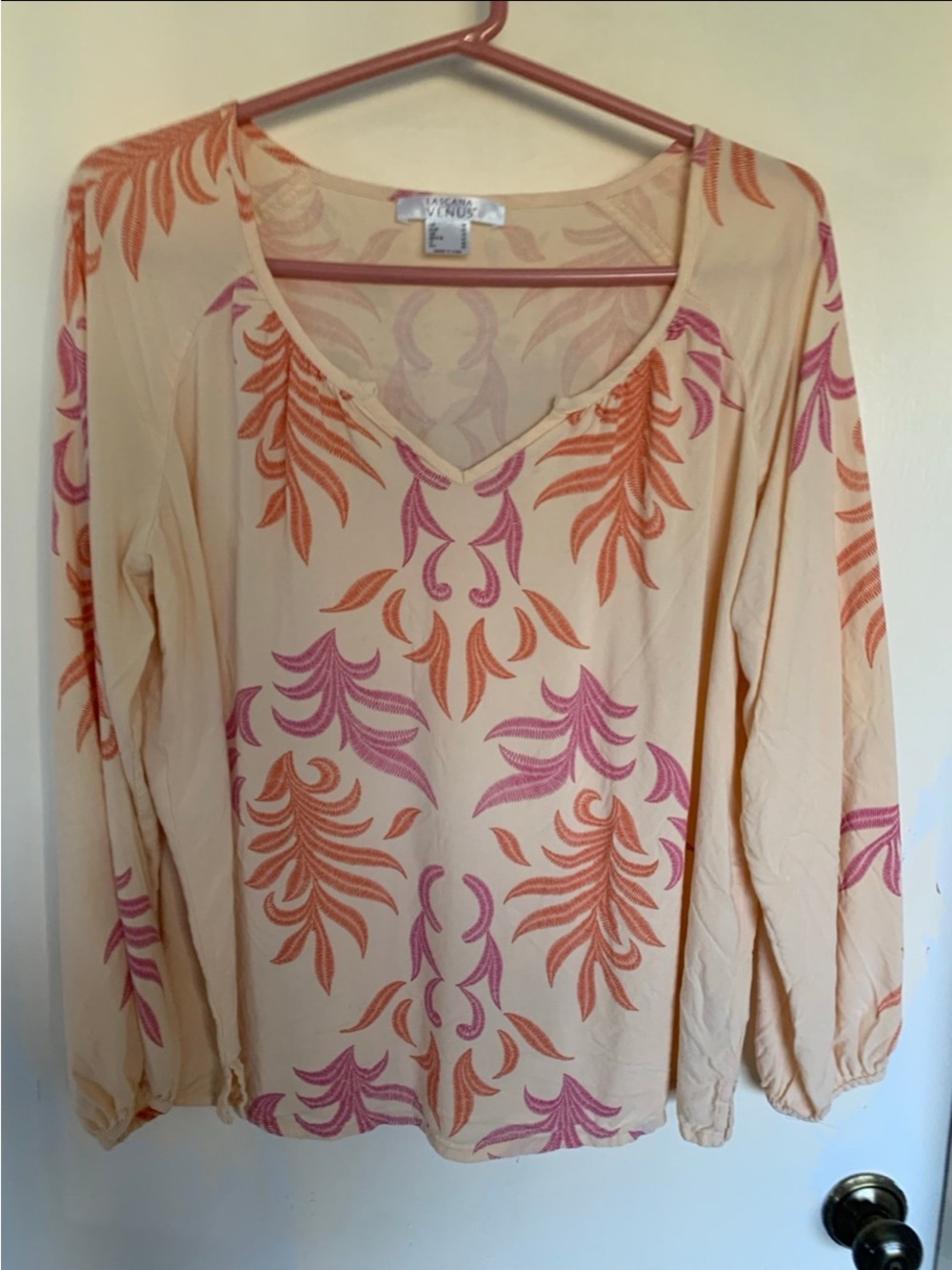 Lascana Venus Cream V-Neck Blouse with Pink & Orange Floral Embroidery